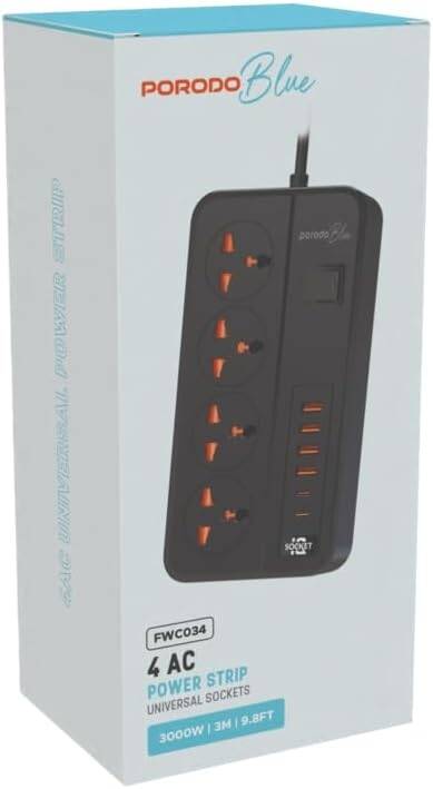 PORODO BLUE 4 AC POWER SOCKET WITH X4 USB-C X2 USB-A PORT UK