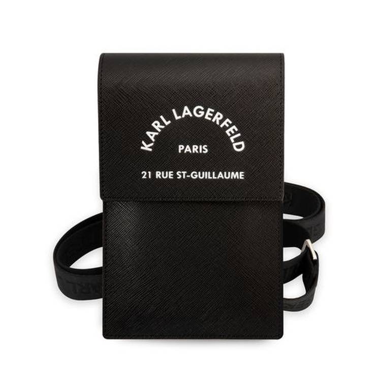 KARL LAGERFELD EMBOSSED RGS PHONE POUCH WITH STRAP AND CRDSLOTS BLACK