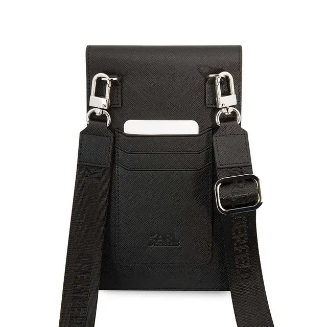 KARL LAGERFELD EMBOSSED RGS PHONE POUCH WITH STRAP AND CRDSLOTS BLACK