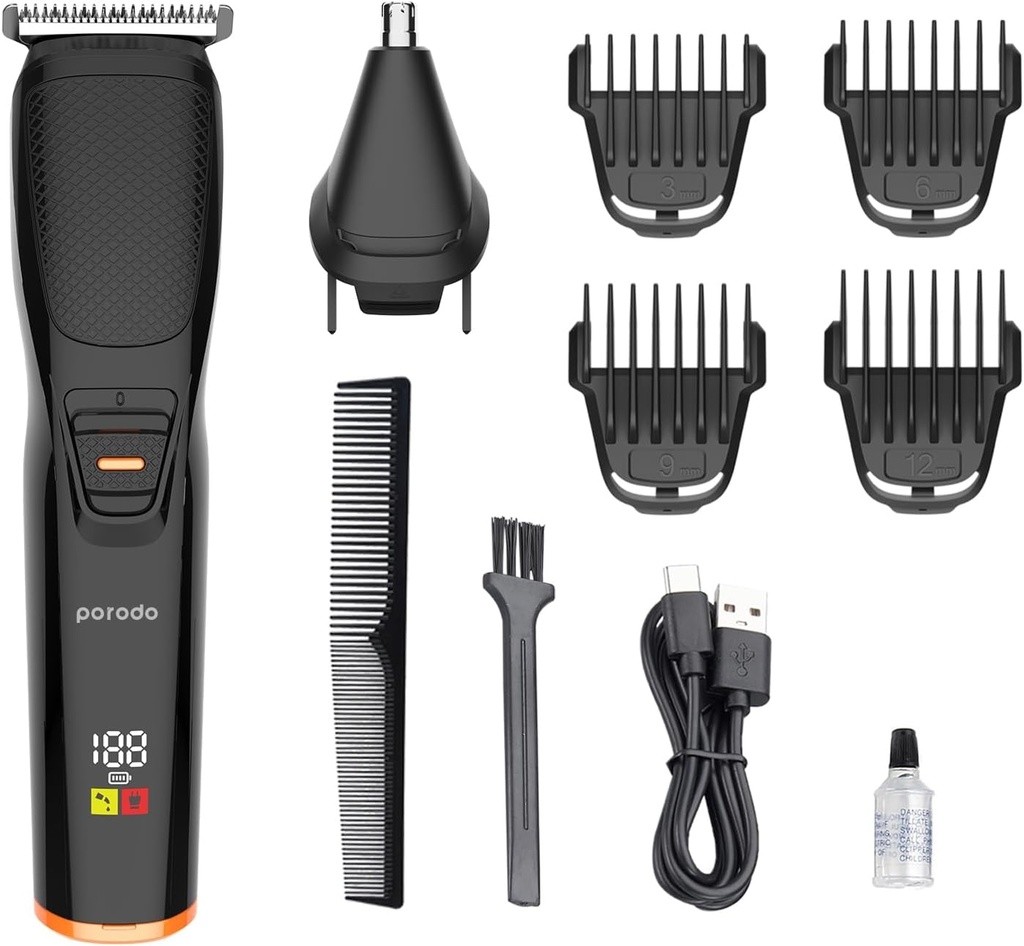 PORODO LIFESTYLE 6IN1 RECHARGEABLE GROOMING KIT WITH NOSE TRIMMER FOUR DETACHABLE HEADS BLACK