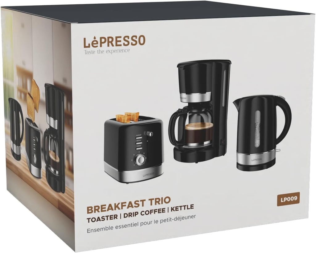 LEPRESSO BREAKFAST SET 2 SLICE TOASTER 1.7L KETTLE AND DRIP COFFE MAKER BLACK