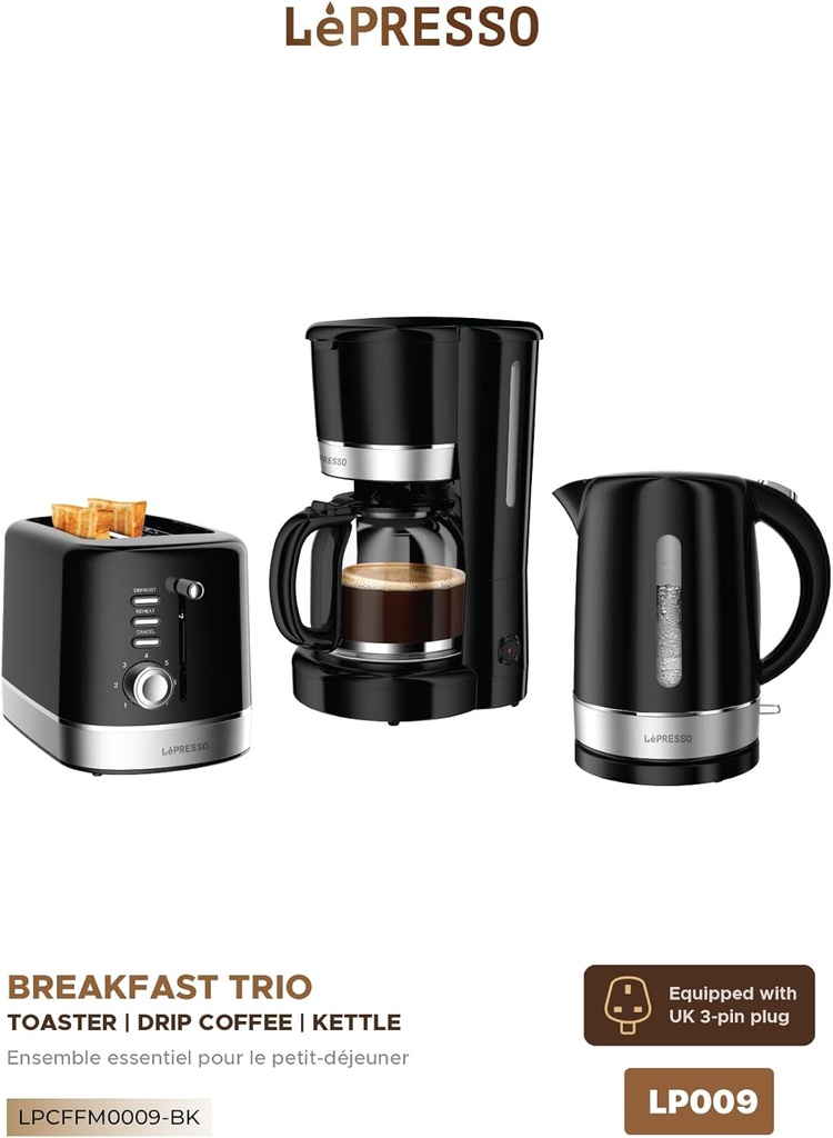 LEPRESSO BREAKFAST SET 2 SLICE TOASTER 1.7L KETTLE AND DRIP COFFE MAKER BLACK