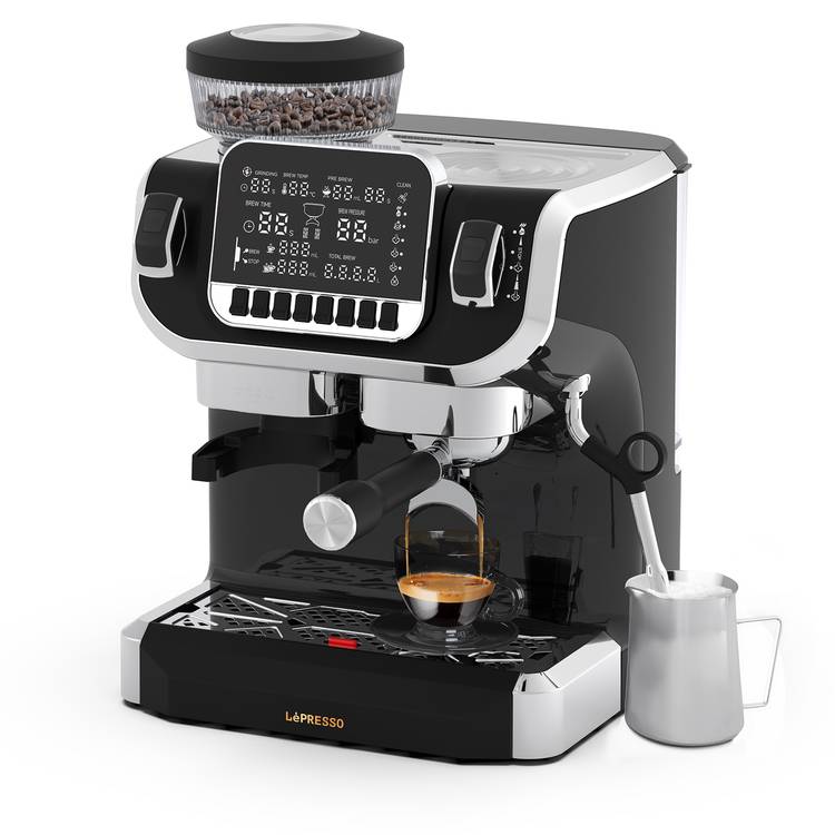 LEPRESSO EXPRESSO COFFEE MAKER WITH BEAN GRINDER AND LCD DISPLAY 