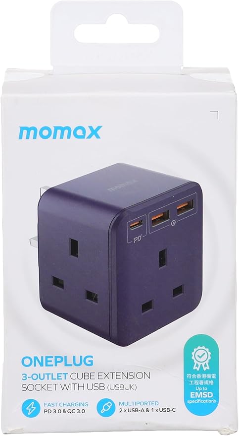 MOMAX ONEPLUG 3-OUTLET CUB EXTENSION SOCKET WITH USB