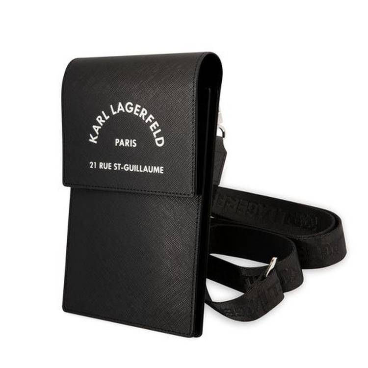 KARL LAGERFELD EMBOSSED RGS PHONE POUCH WITH STRAP AND CRDSLOTS BLACK