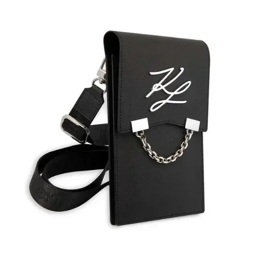 KARL LAGERFELD AUTOGRAPH PLATE PHONE POUCH WITH STRAP AND CARDSLOTS BLACK